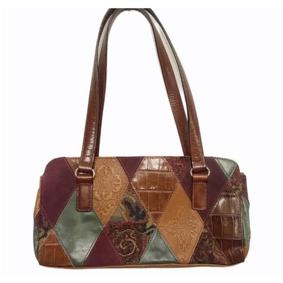 Fossil Patchwork Tooled Leather Shoulder Bag Purse baroque neutral hand bag - Picture 1 of 12
